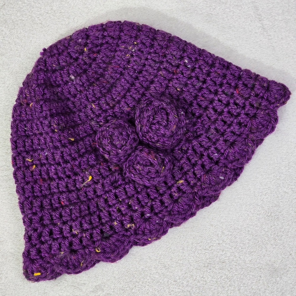 Handmade Womens One Size Purple Crochet Flower Beanie Tweed Knit Hat